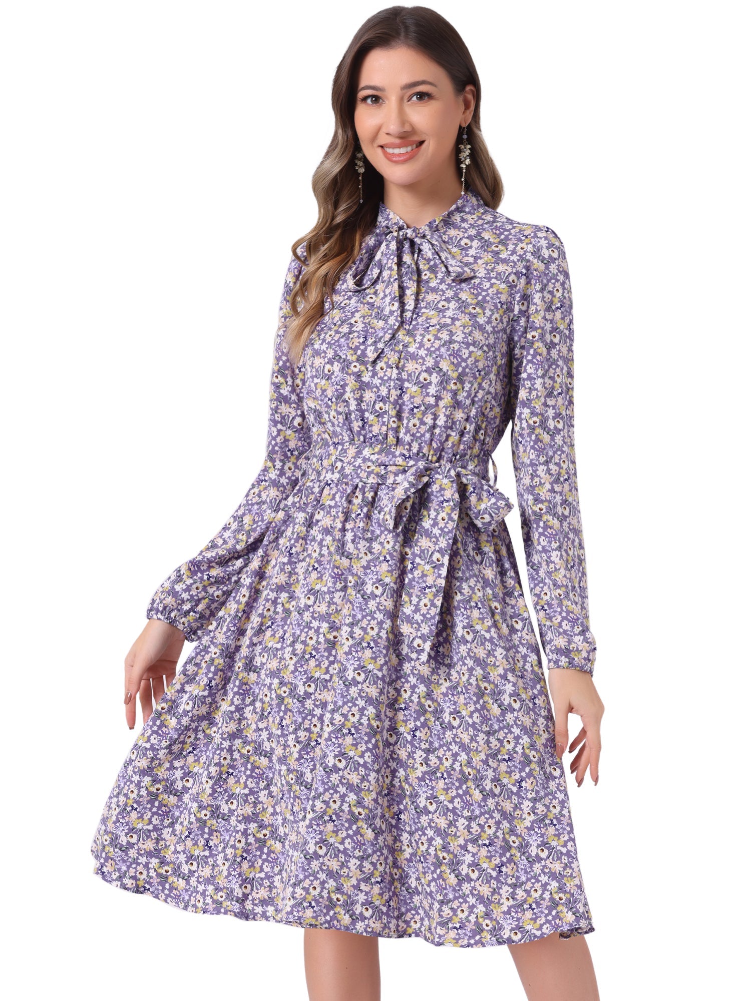 Tie Neck Chiffon Long Sleeve Belted Vintage Floral Dress