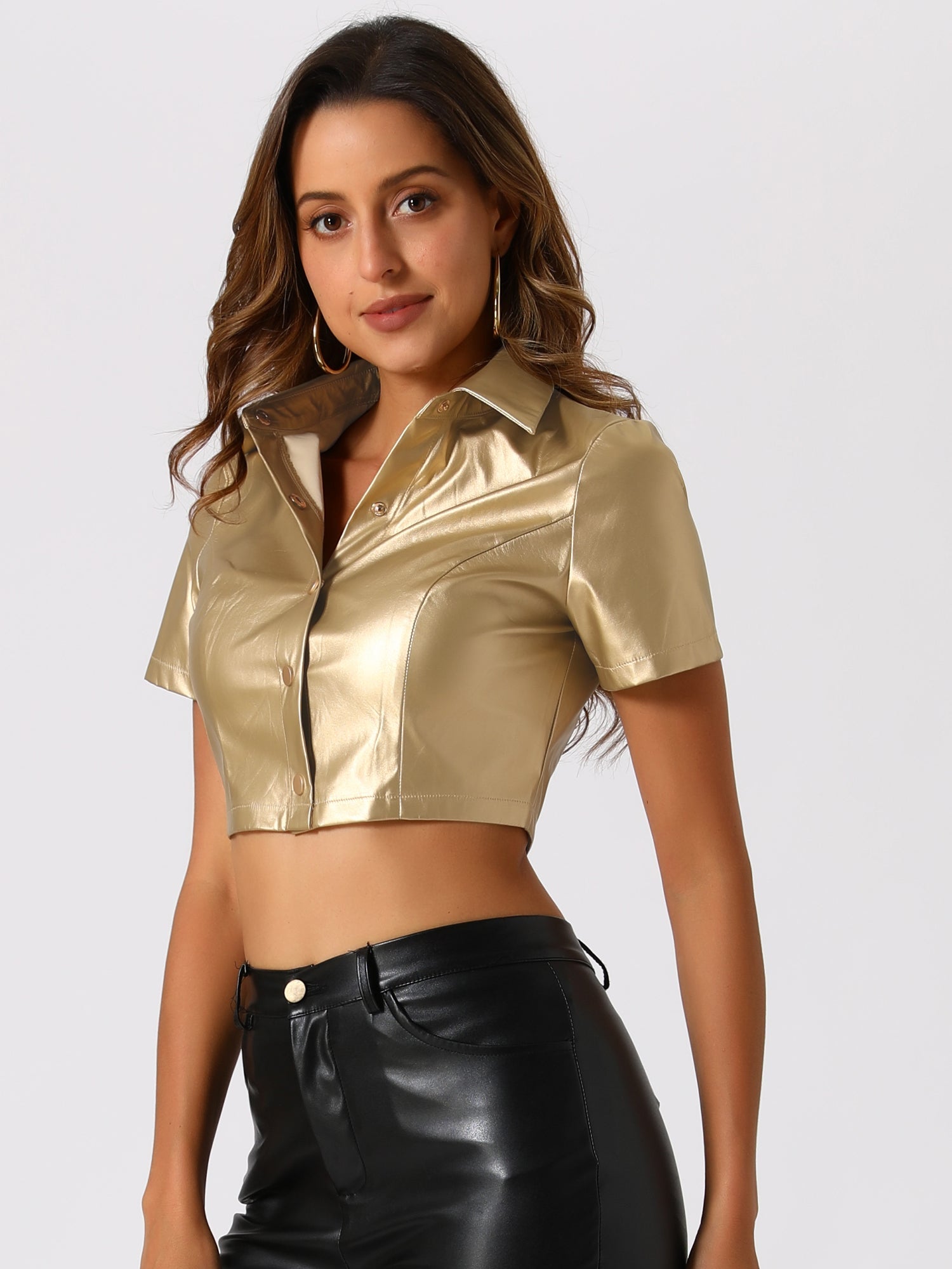 Pu Leather Short Sleeve Button Down Shirt Blouse Crop Top