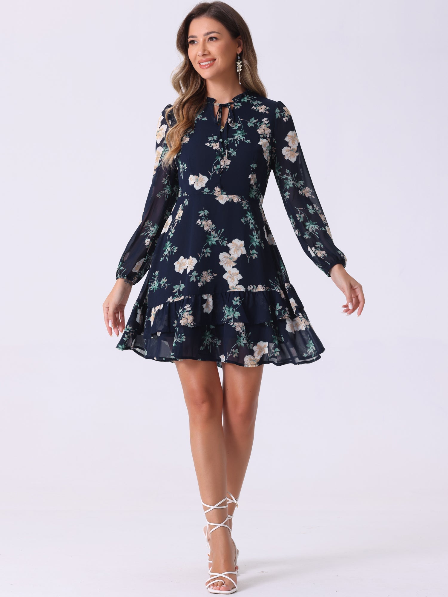 Floral V Neck Semi Sheer Layered Tiered Mini Dress