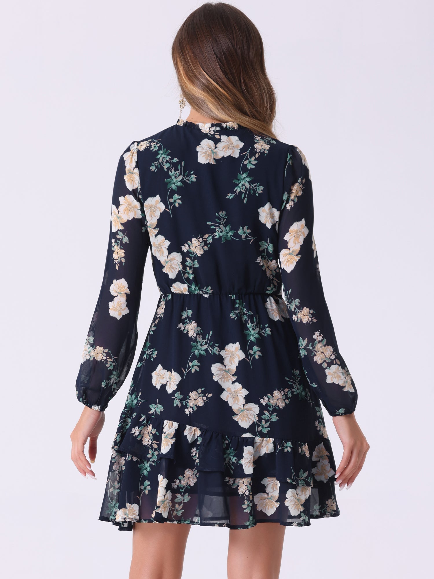 Floral V Neck Semi Sheer Layered Tiered Mini Dress