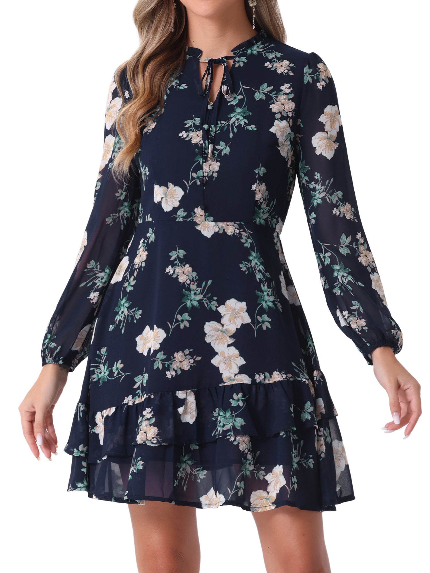 Floral V Neck Semi Sheer Layered Tiered Mini Dress