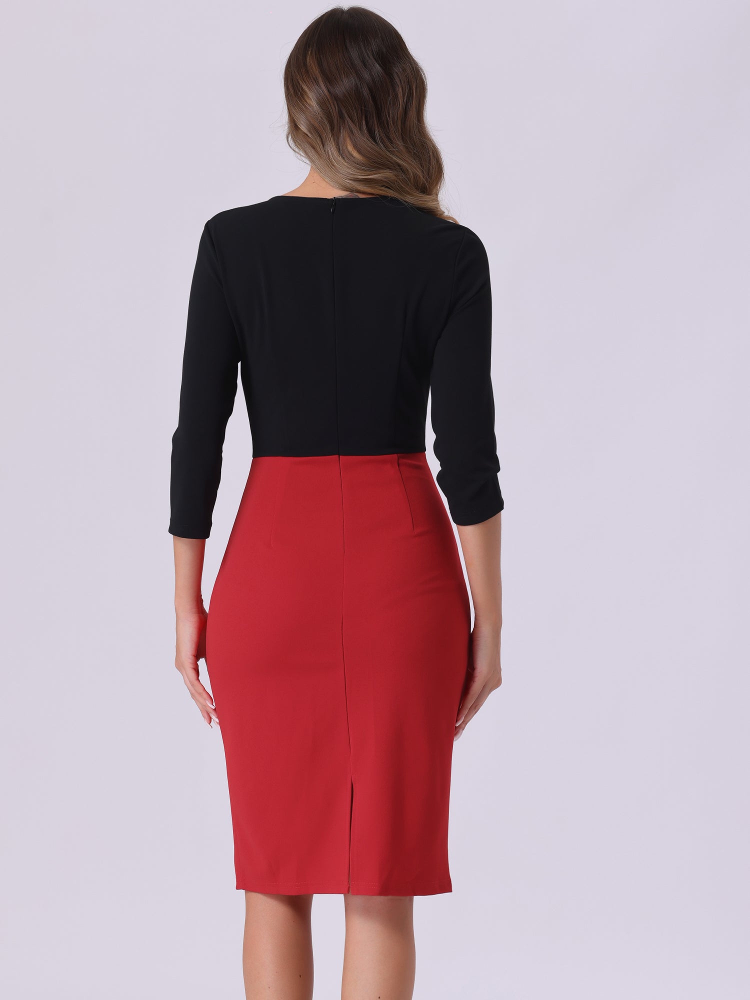 Pencil Round Neck 3/4 Sleeve Contrast Office Sheath Dress