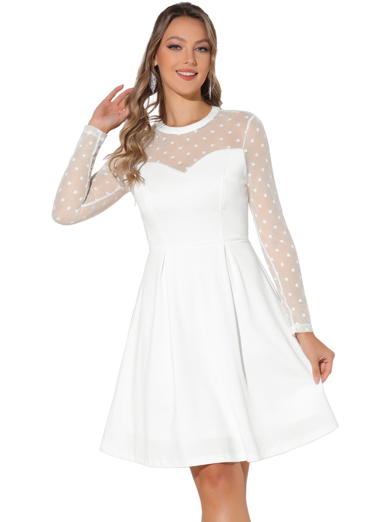 Party Heart Mesh Sheer Sleeve Crew Neck Skater Short Dress