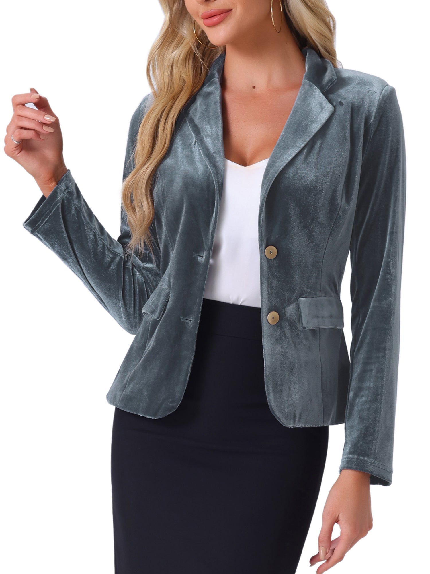 Notched Lapel Vintage Office Button Front Velvet Blazer