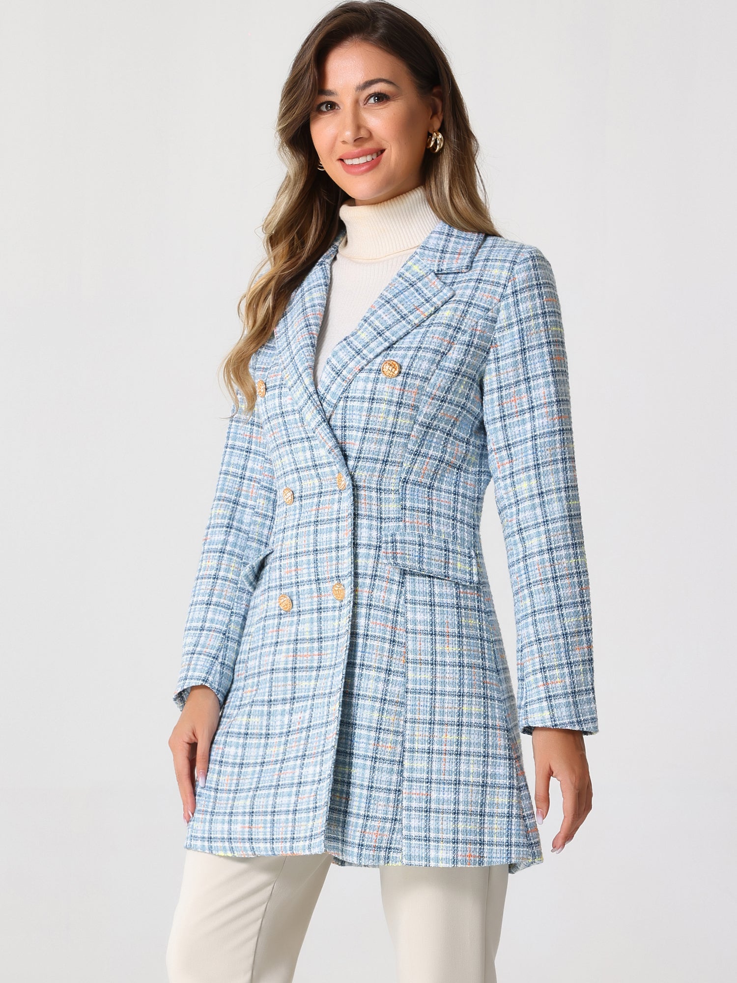 Lapel Collar Elegant Double Breasted Plaid Tweed Coat
