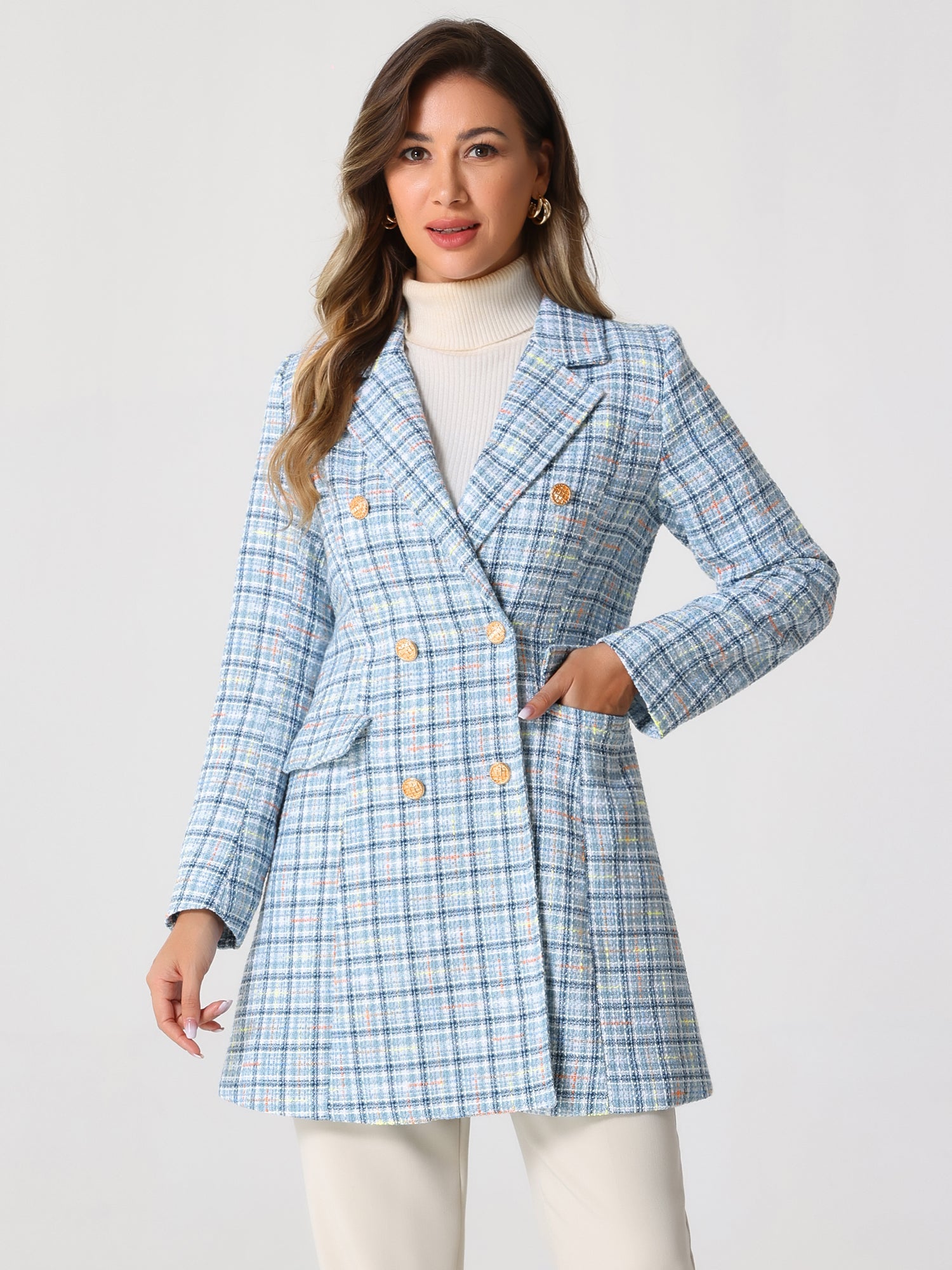 Lapel Collar Elegant Double Breasted Plaid Tweed Coat