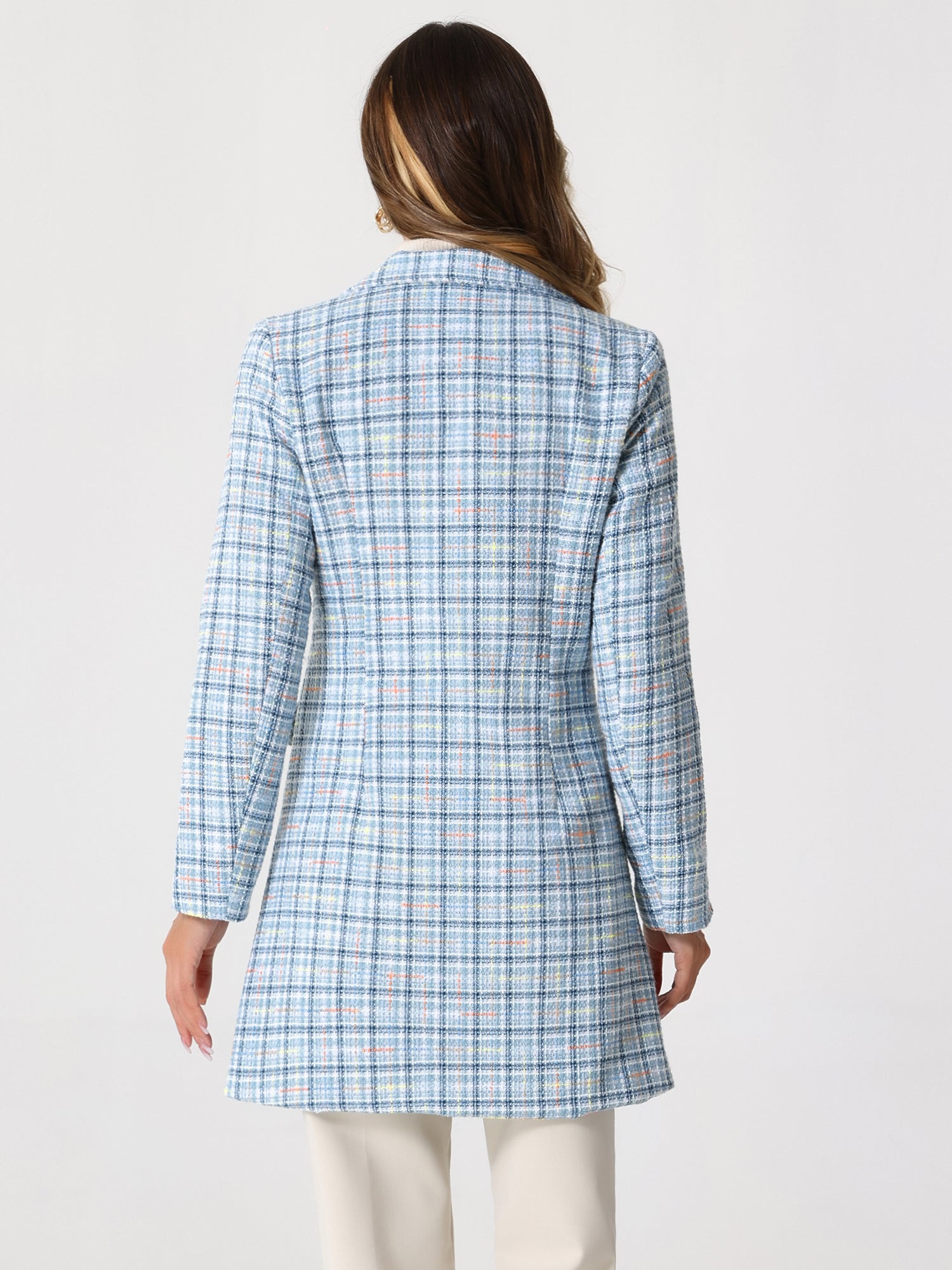 Lapel Collar Elegant Double Breasted Plaid Tweed Coat