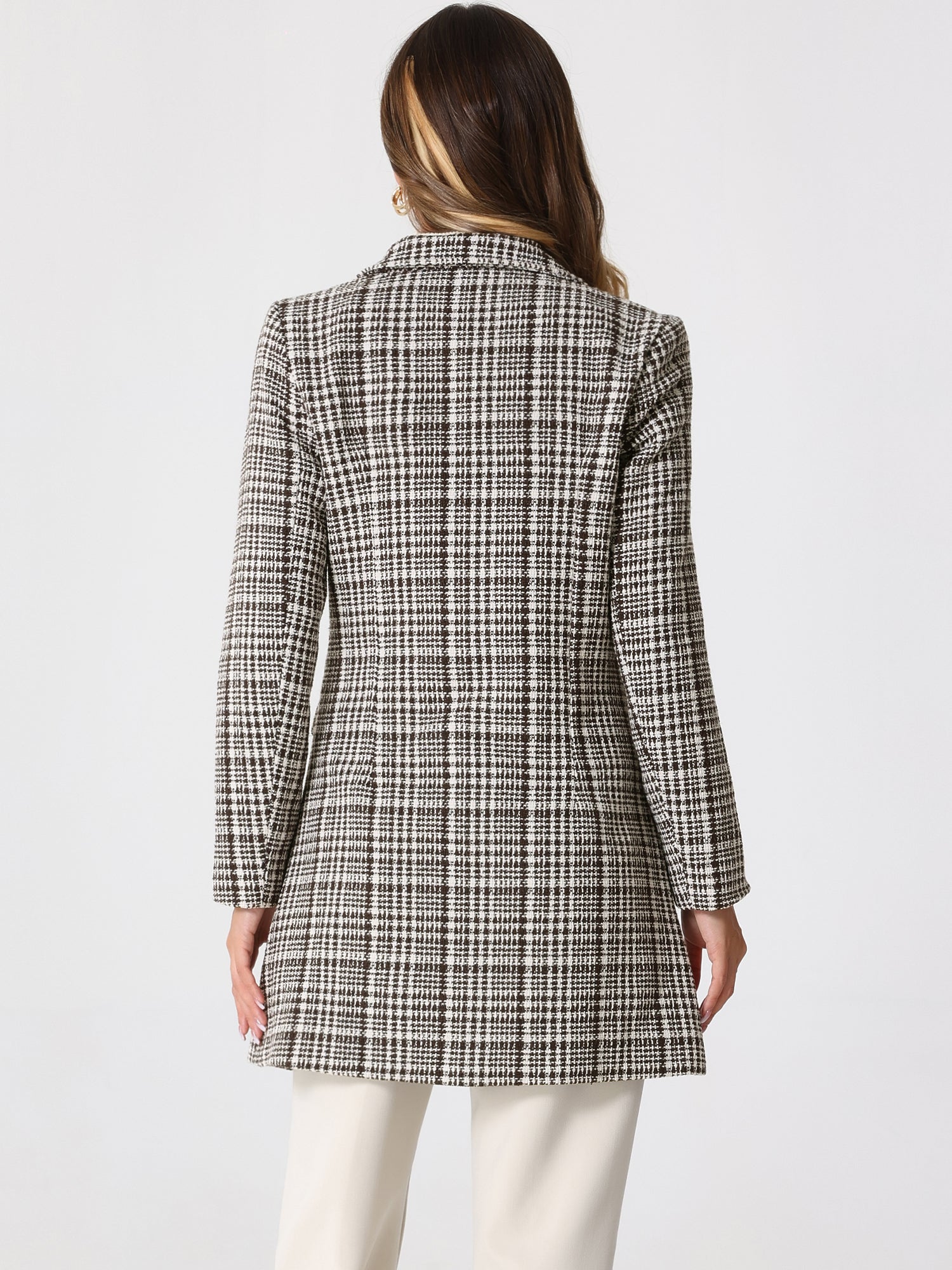 Lapel Collar Elegant Double Breasted Plaid Tweed Coat