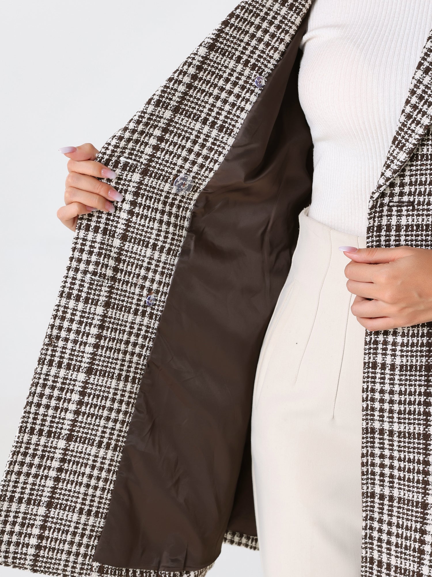Lapel Collar Elegant Double Breasted Plaid Tweed Coat