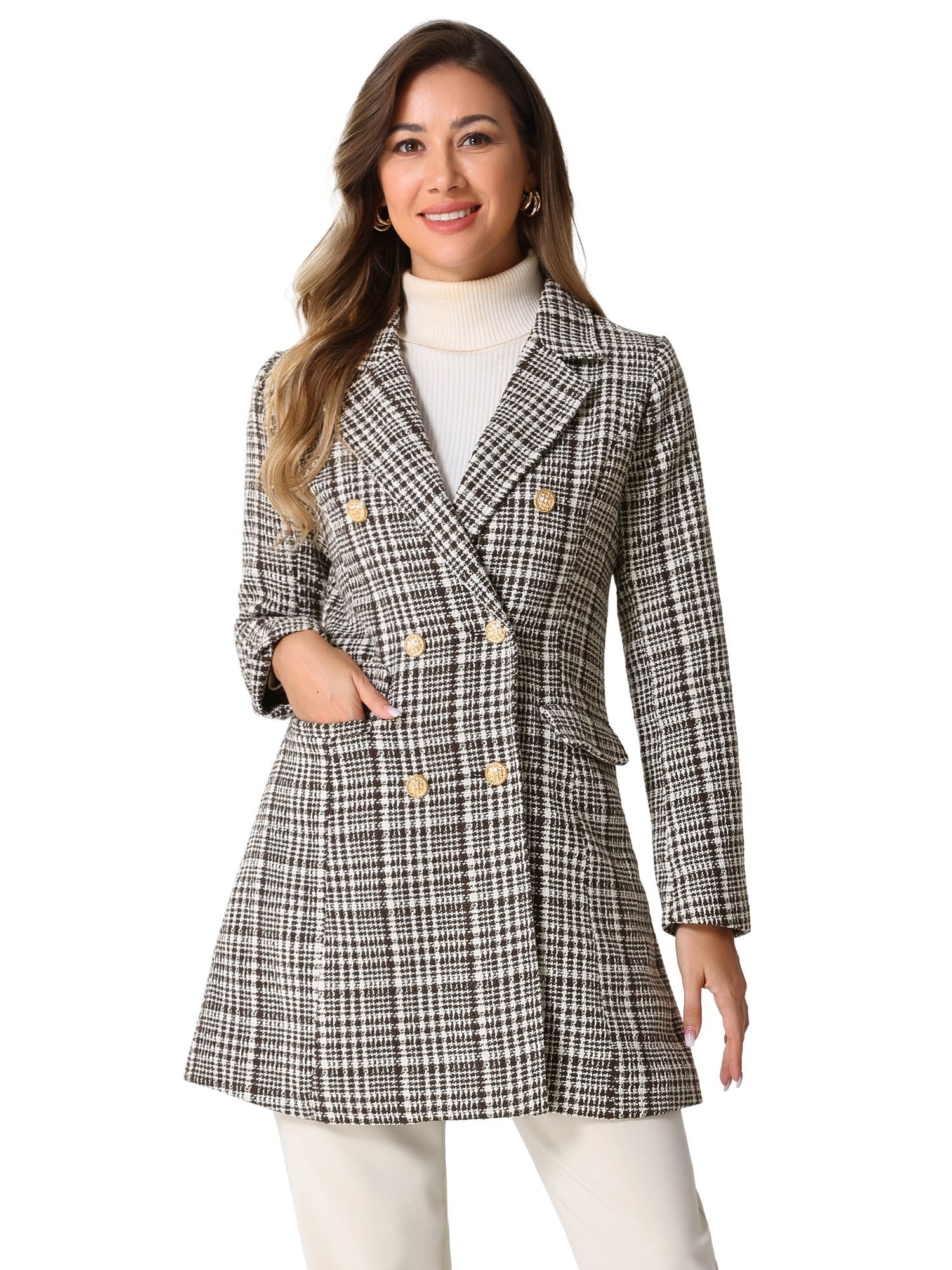 Lapel Collar Elegant Double Breasted Plaid Tweed Coat