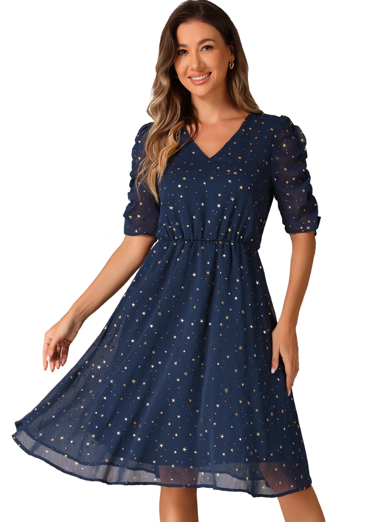 Metallic Stars Ruched Sleeve V Neck A-line Chiffon Dress