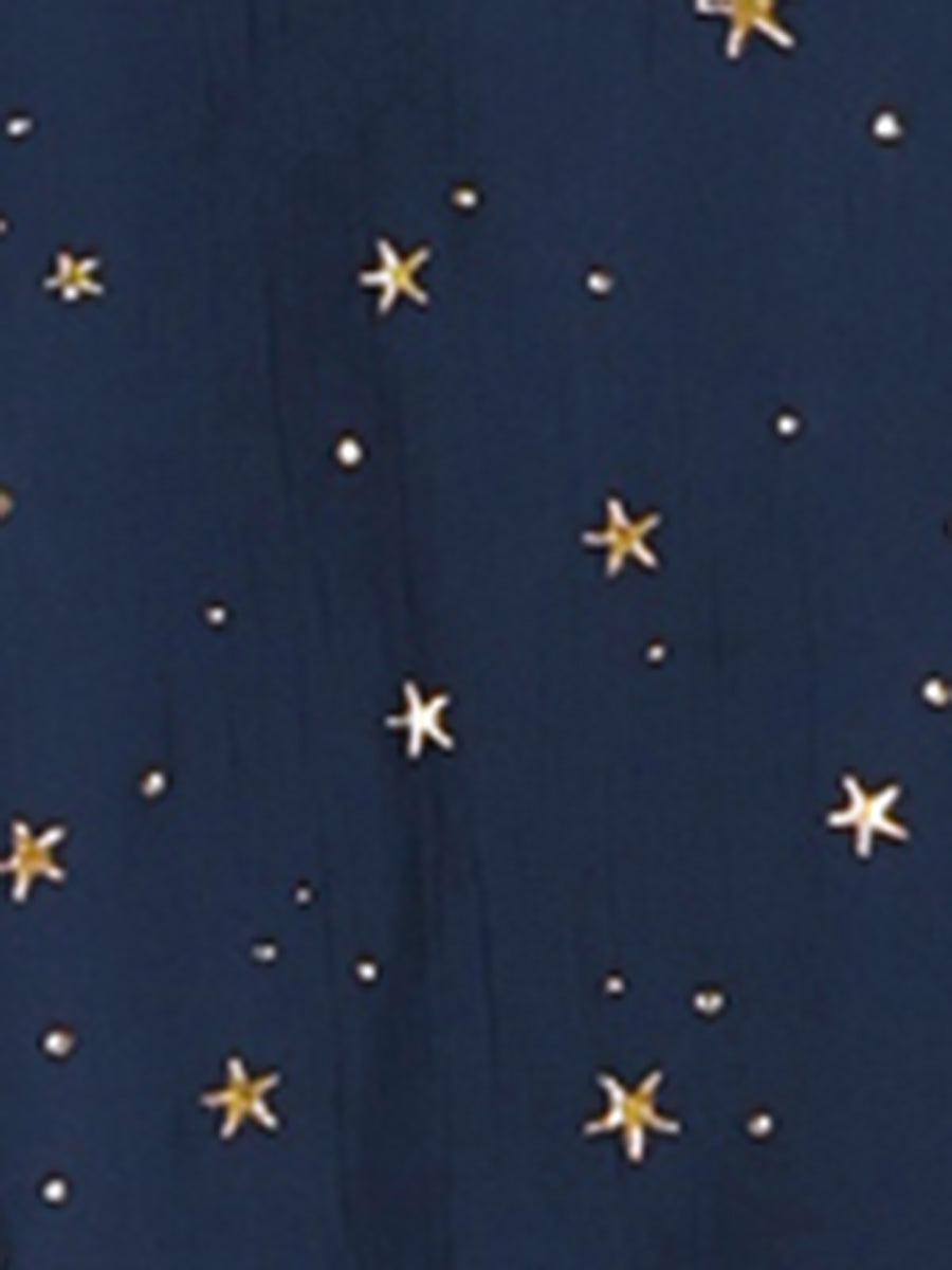 Metallic Stars Ruched Sleeve V Neck A-line Chiffon Dress