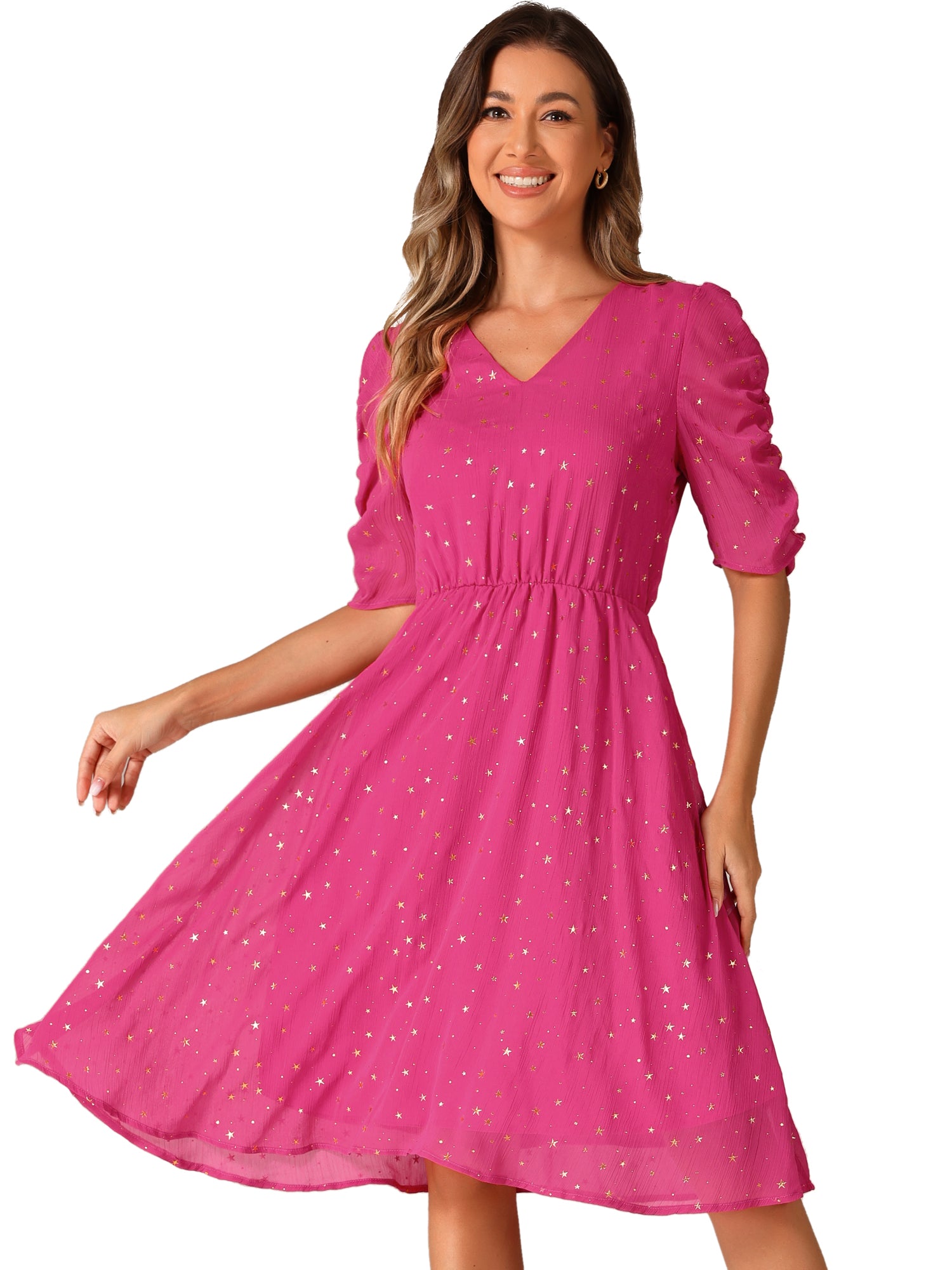 Metallic Stars Ruched Sleeve V Neck A-line Chiffon Dress