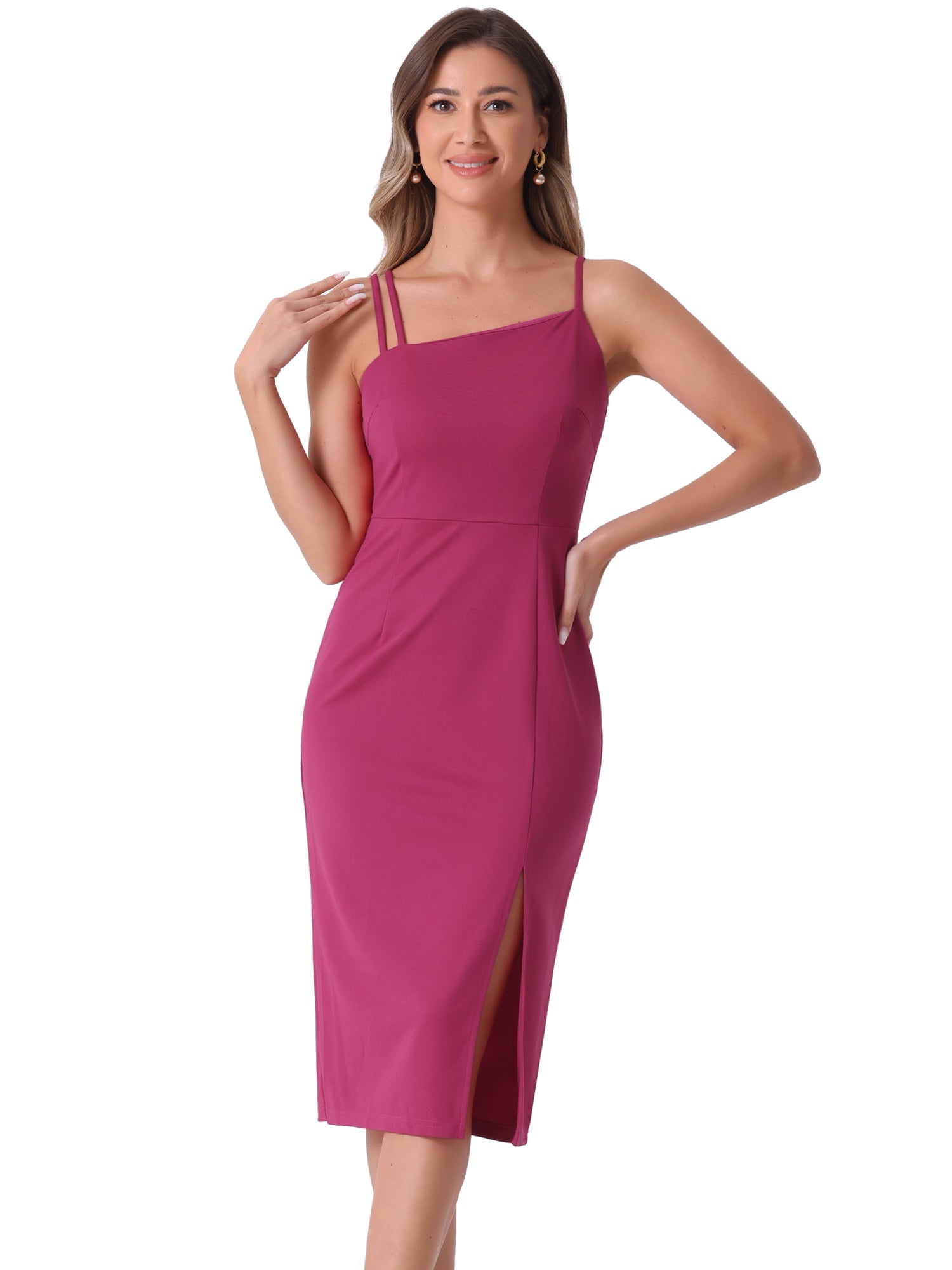 Spaghetti Strap Split Hem Cocktail Solid Sheath Dress