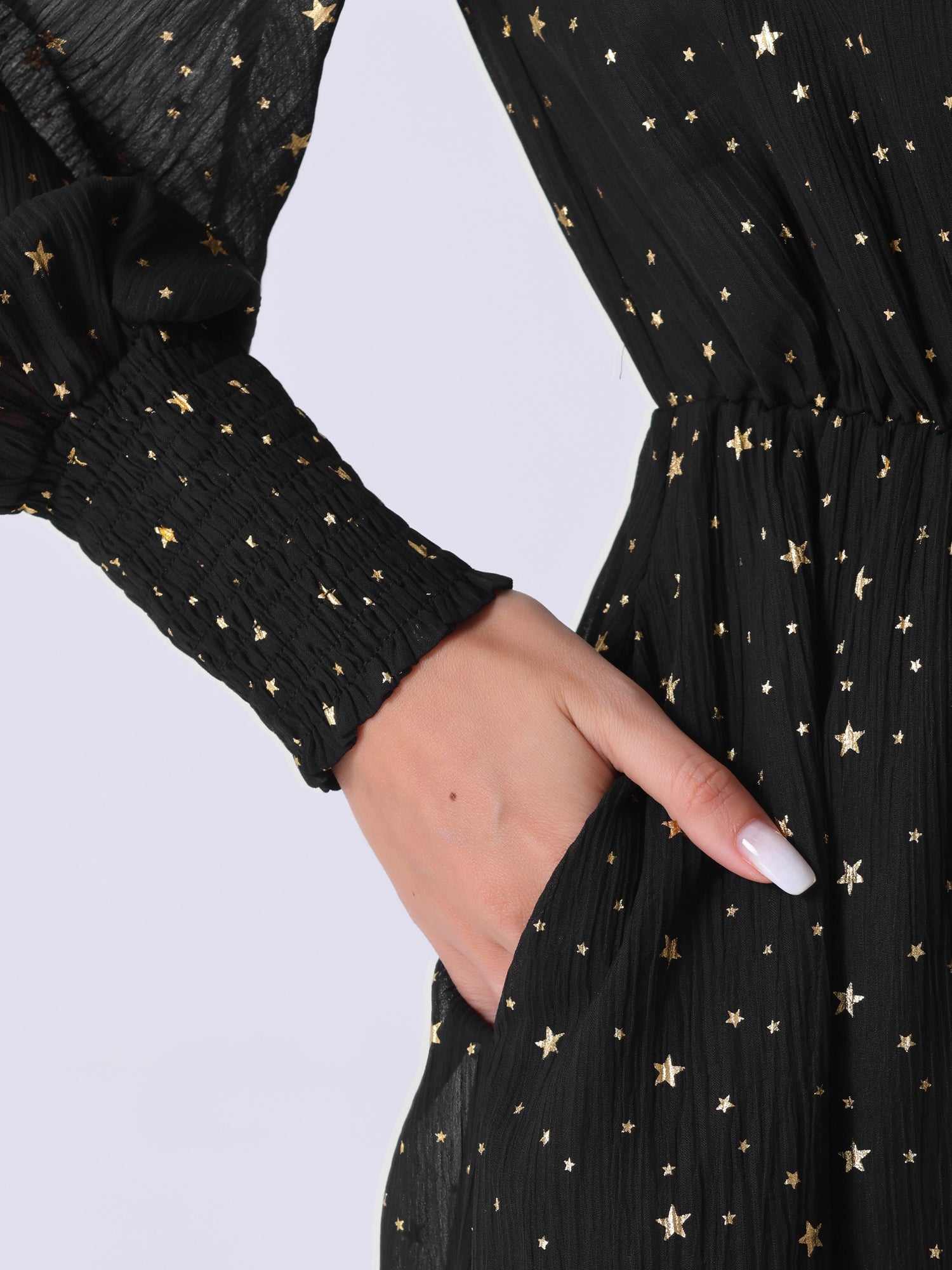 Puff Long Sleeve Metallic Stars Boat Neck Pockets Mesh Midi Dress
