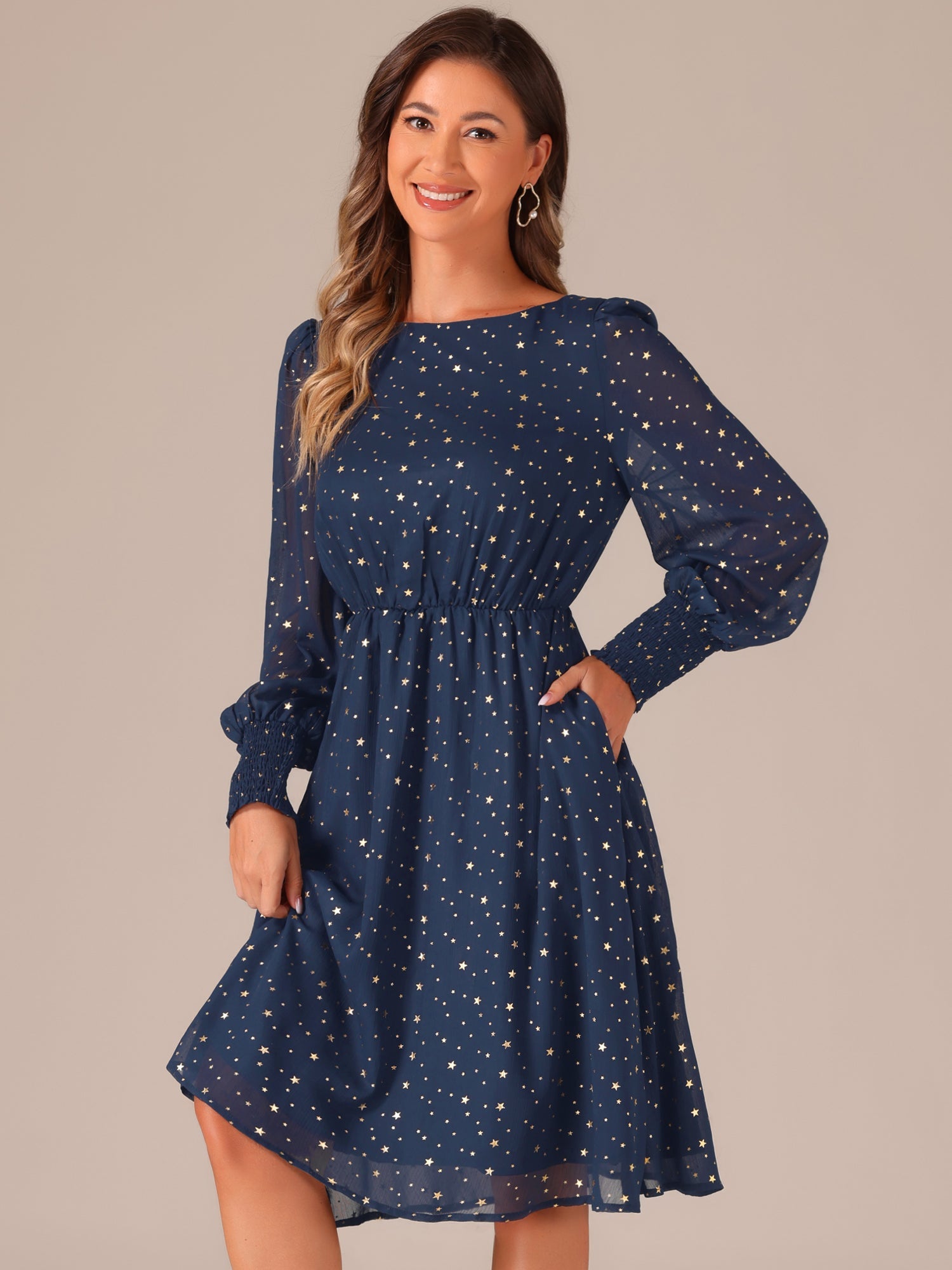 Puff Long Sleeve Metallic Stars Boat Neck Pockets Mesh Midi Dress