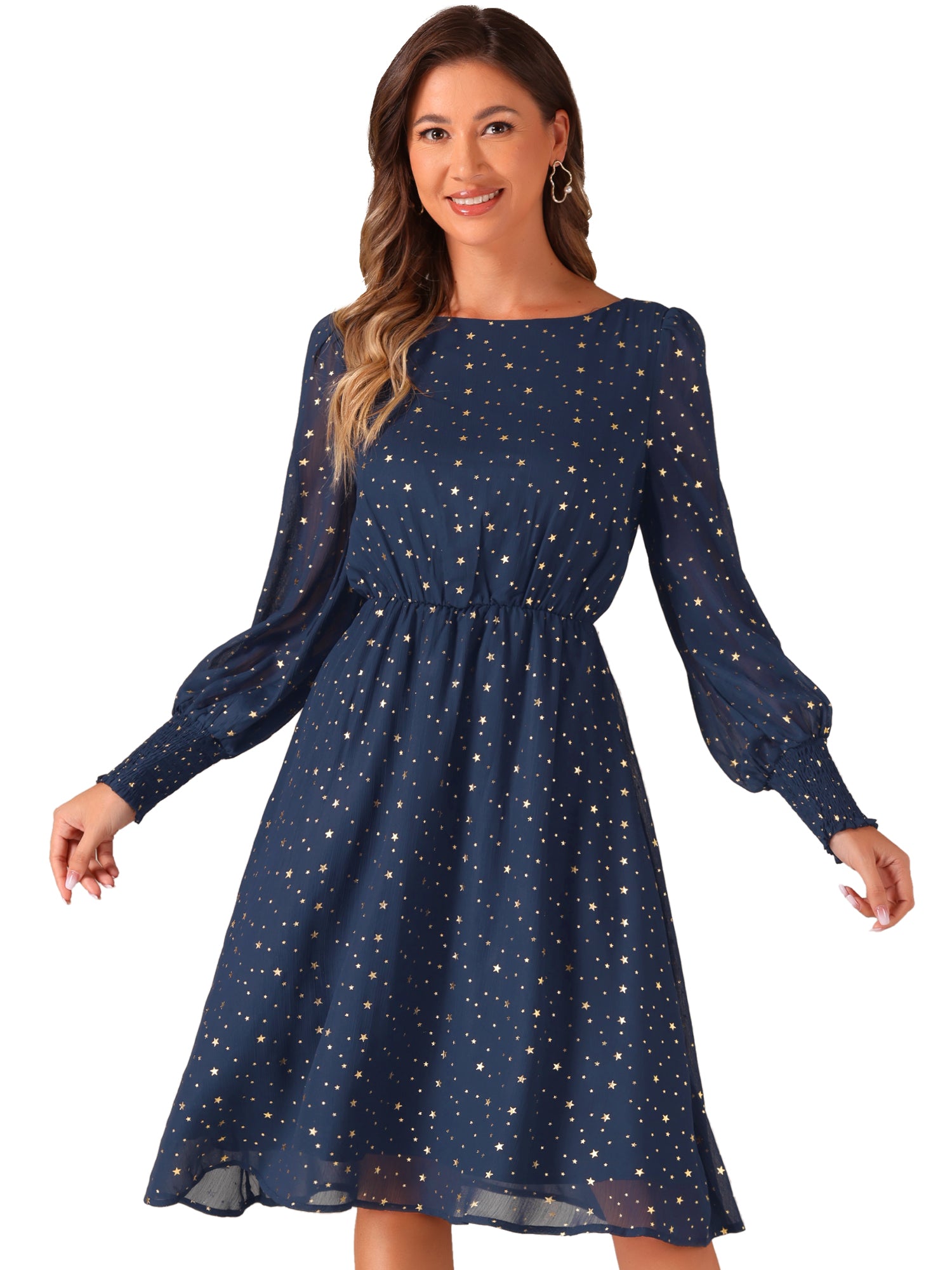 Puff Long Sleeve Metallic Stars Boat Neck Pockets Mesh Midi Dress