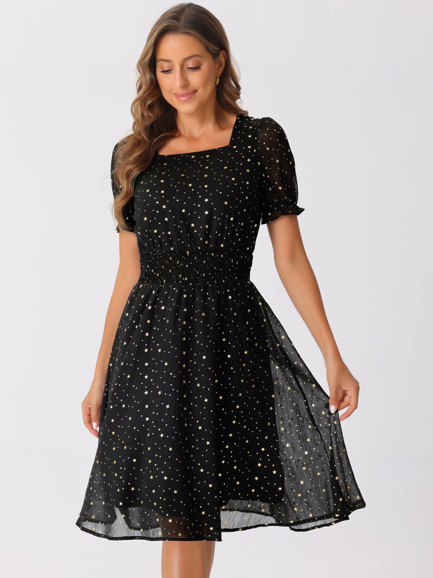 Square Neck Metallic Stars Ruffle Short Sleeve A-Line Smocked Waist Midi Dress