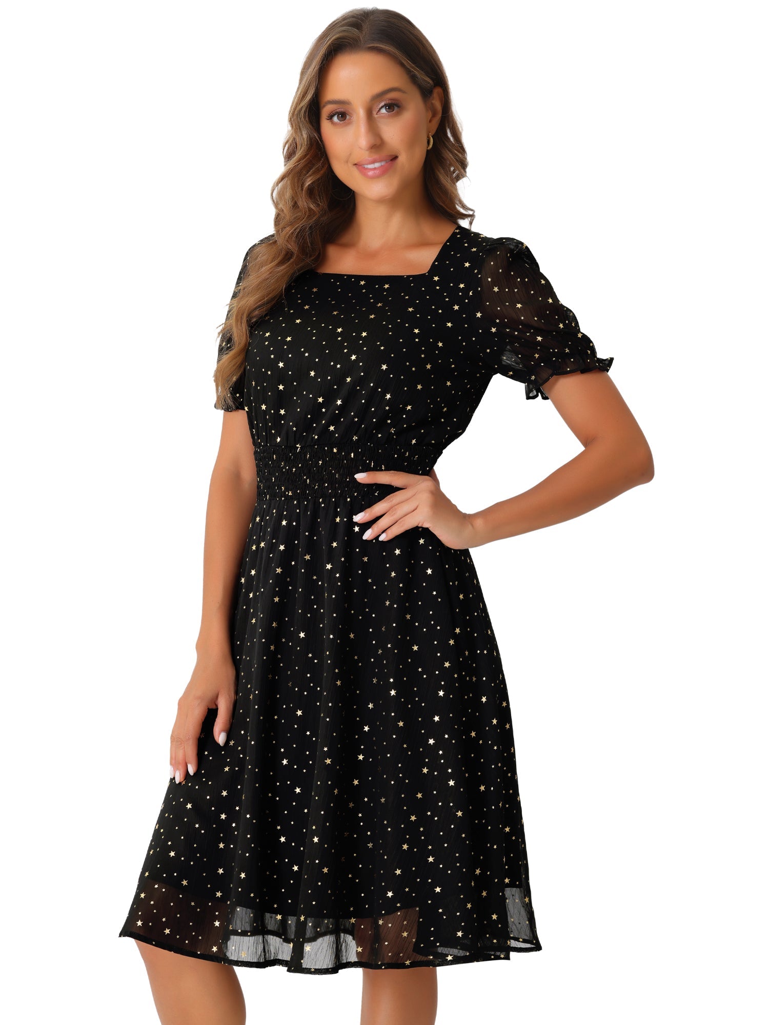 Square Neck Metallic Stars Ruffle Short Sleeve A-Line Smocked Waist Midi Dress