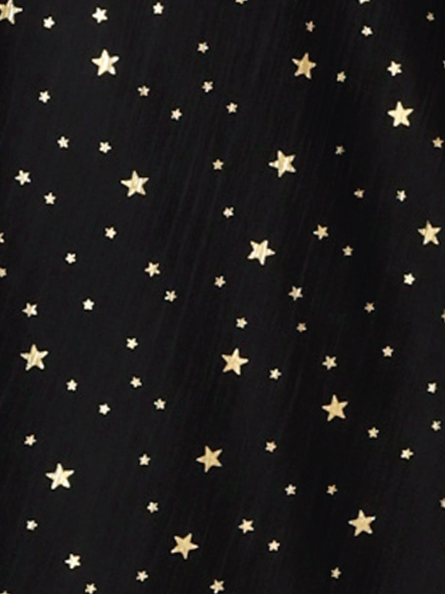 Square Neck Metallic Stars Ruffle Short Sleeve A-Line Smocked Waist Midi Dress