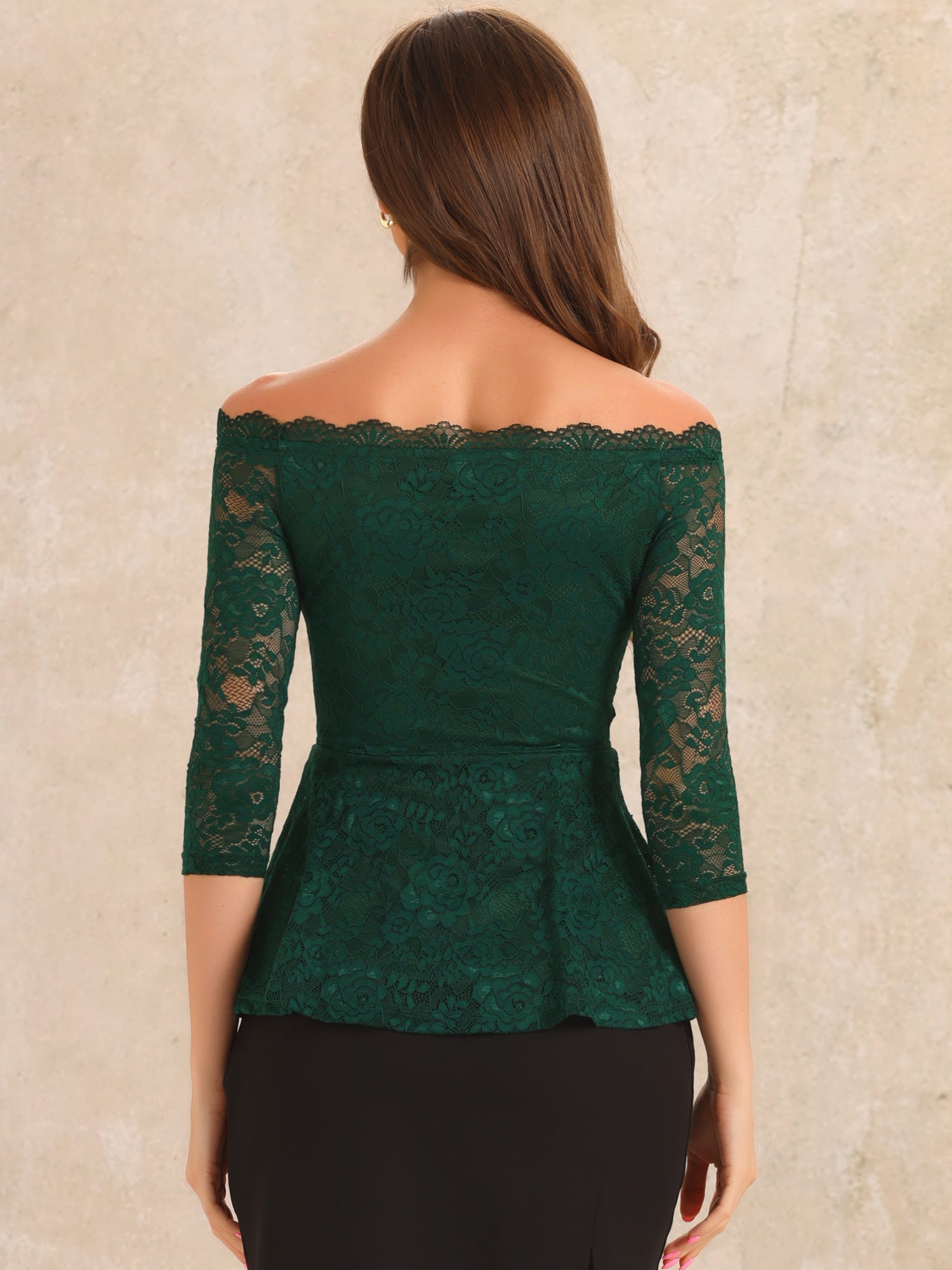 Elegant Lace Blouse Semi Sheer 3/4 Sleeve Off Shoulder Peplum Top