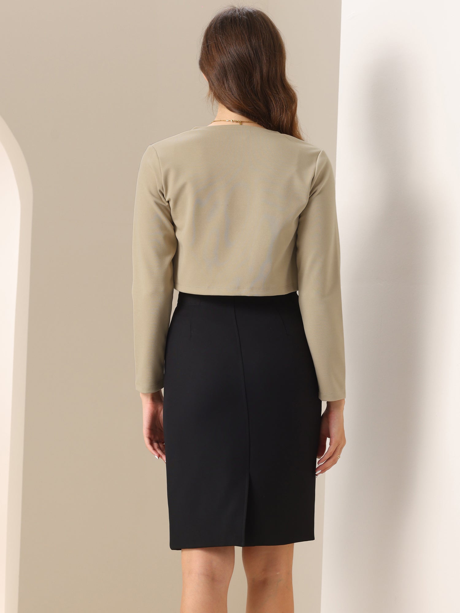 Curved Hem Long Sleeves Open Front Cropped Jacket Bolero Shrug