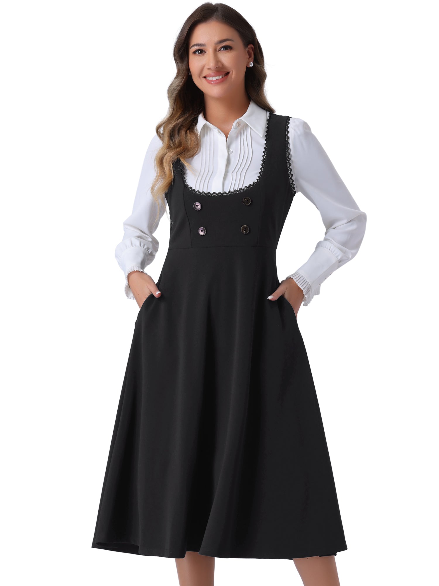 Lace Trim Button Decor Pockets Overalls Midi Pinafore Dress