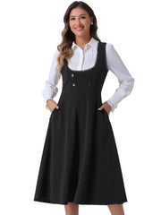 Lace Trim Button Decor Pockets Overalls Midi Pinafore Dress