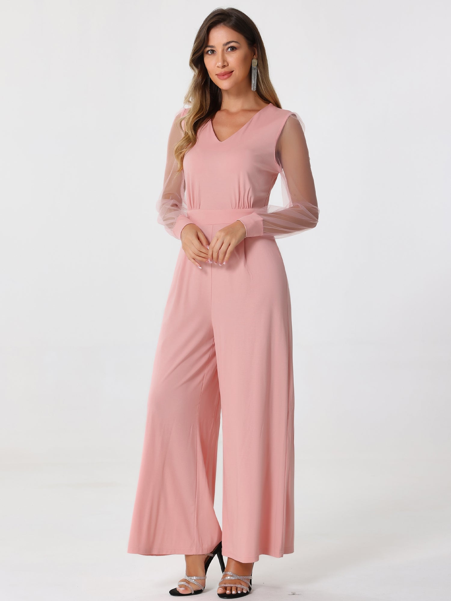 Elegant V Neck Mesh Long Sleeve Loose Wide Leg Jumpsuits
