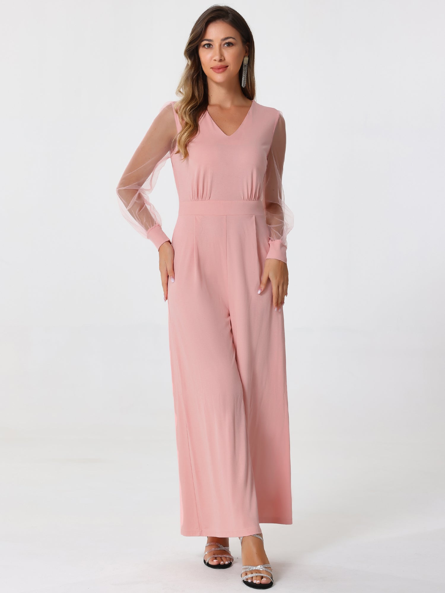 Elegant V Neck Mesh Long Sleeve Loose Wide Leg Jumpsuits
