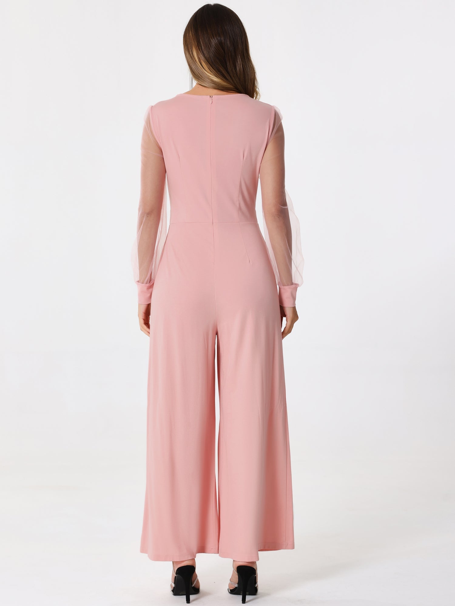 Elegant V Neck Mesh Long Sleeve Loose Wide Leg Jumpsuits