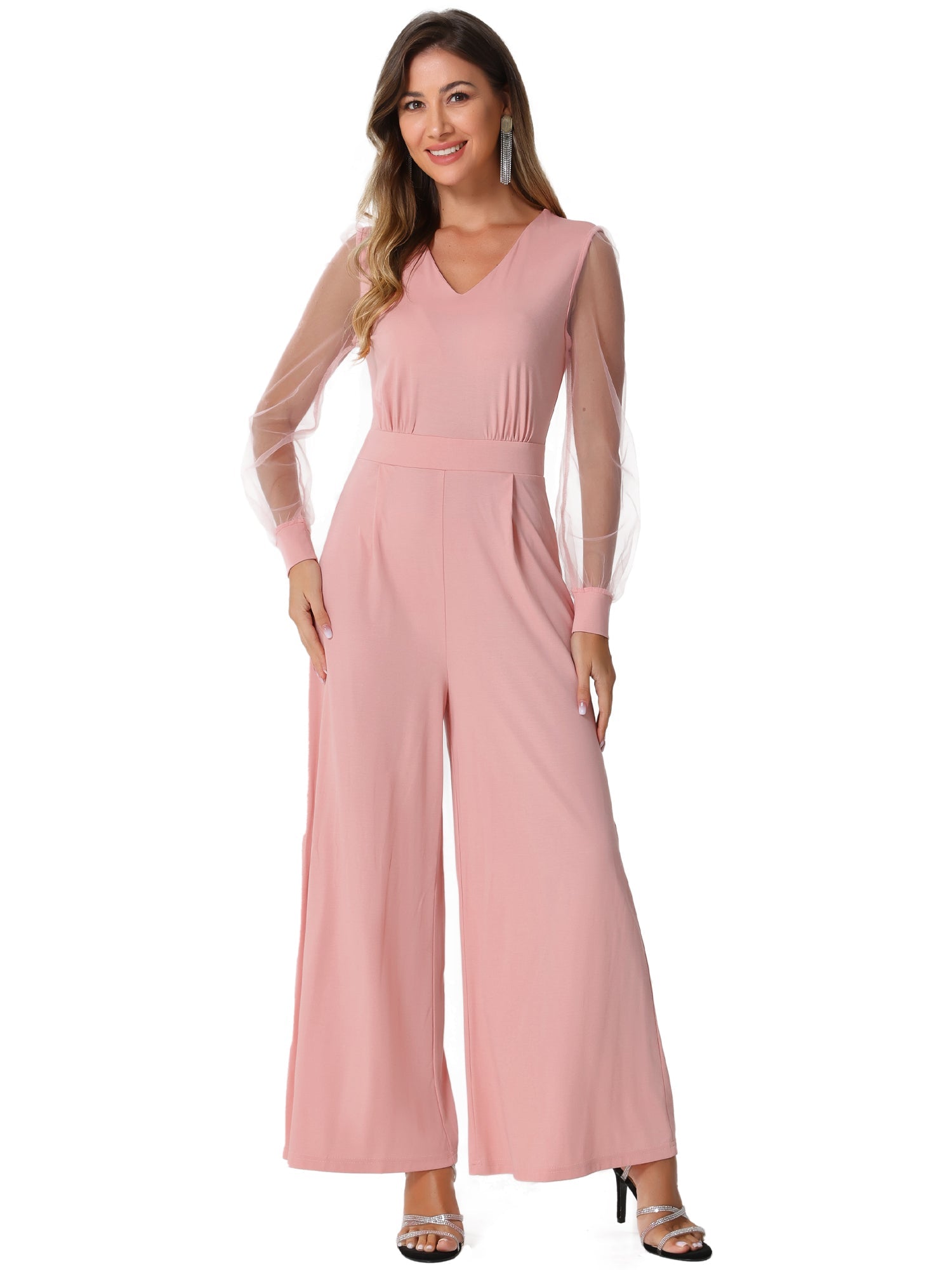 Elegant V Neck Mesh Long Sleeve Loose Wide Leg Jumpsuits