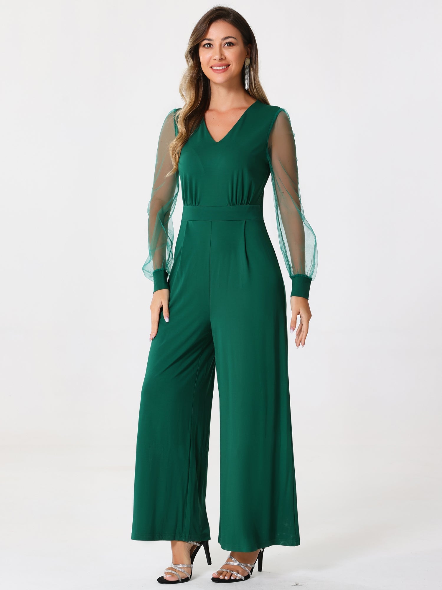 Elegant V Neck Mesh Long Sleeve Loose Wide Leg Jumpsuits