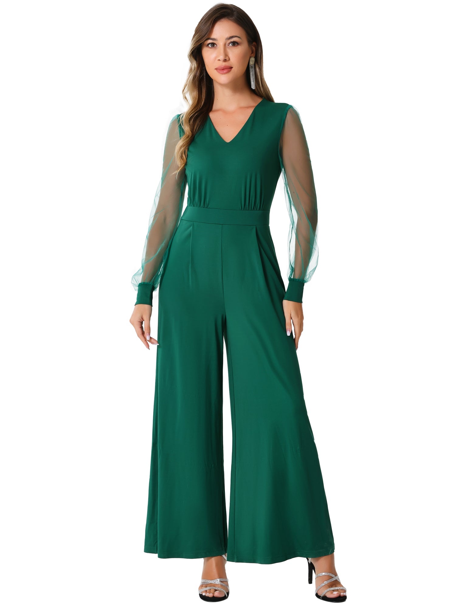 Elegant V Neck Mesh Long Sleeve Loose Wide Leg Jumpsuits