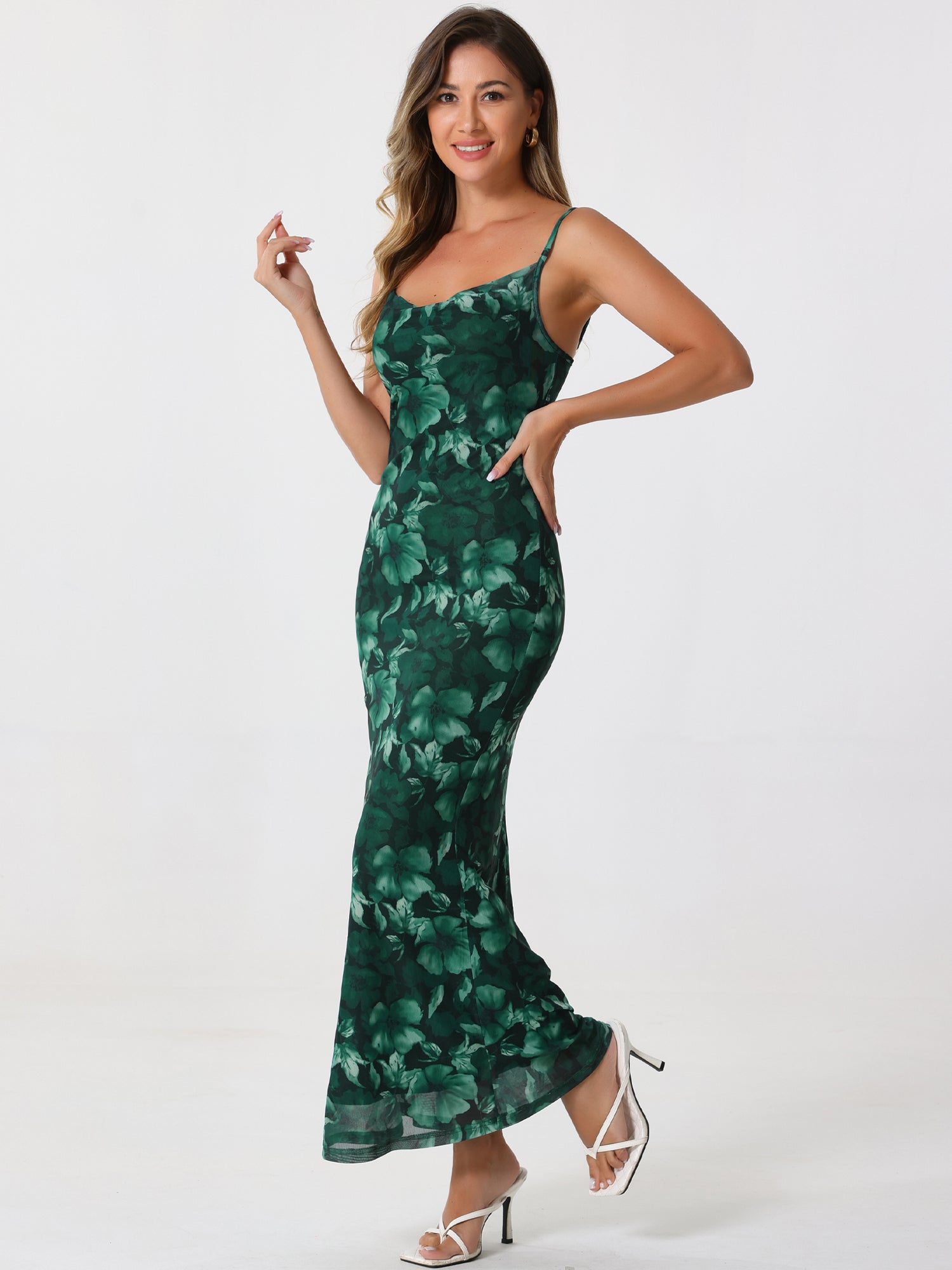 Spaghetti Strap Mesh Floral Sleeveless Bodycon Cocktail Maxi Dress Sundress