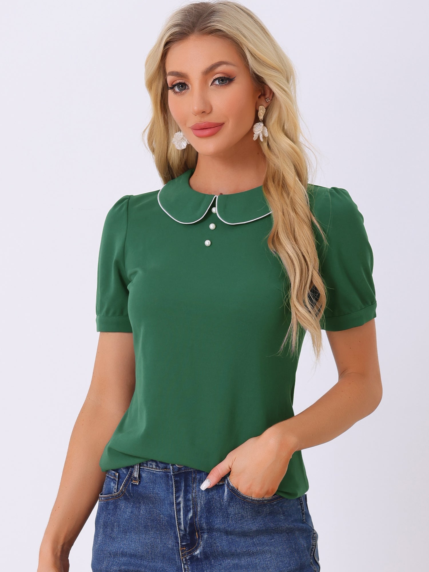 Peter Pan Collar Contrast Trim Puff Sleeve Blouse