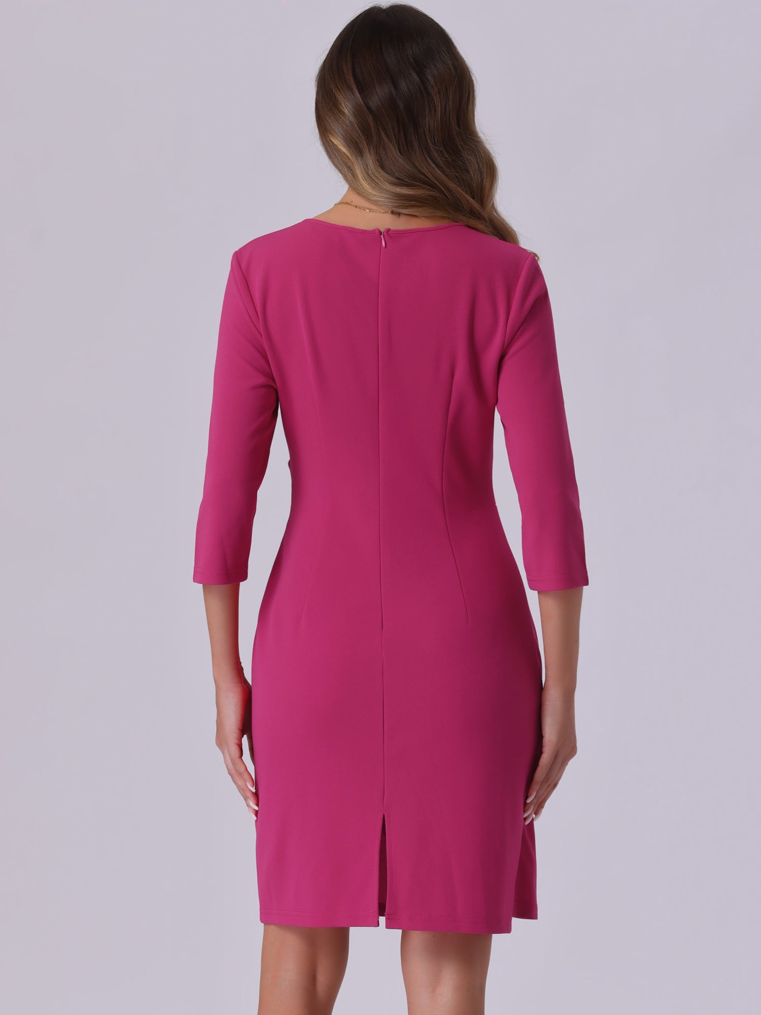 3/4 Sleeve Solid Color Ruched V Neck Midi Sheath Dress