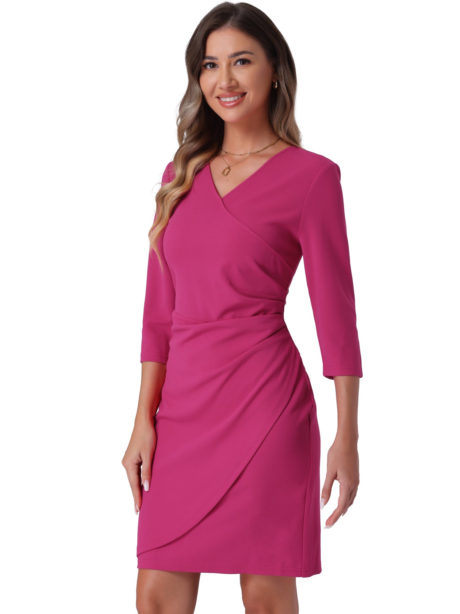3/4 Sleeve Solid Color Ruched V Neck Midi Sheath Dress