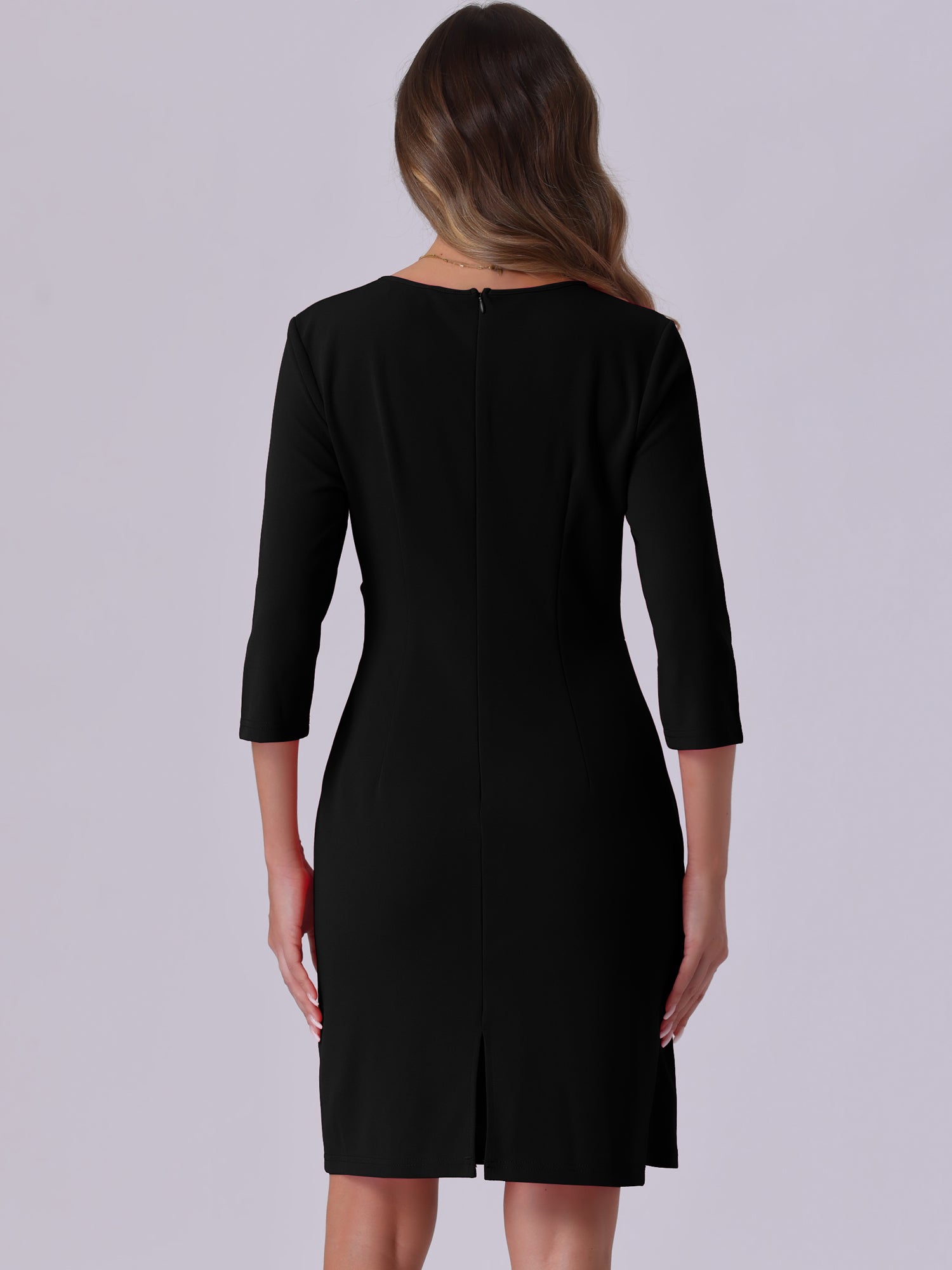 3/4 Sleeve Solid Color Ruched V Neck Midi Sheath Dress