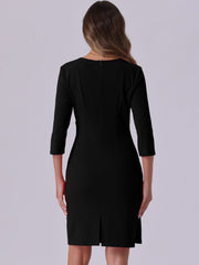 3/4 Sleeve Solid Color Ruched V Neck Midi Sheath Dress