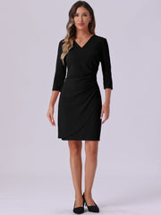 3/4 Sleeve Solid Color Ruched V Neck Midi Sheath Dress