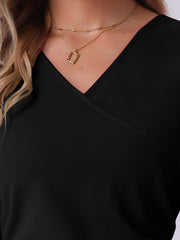 3/4 Sleeve Solid Color Ruched V Neck Midi Sheath Dress