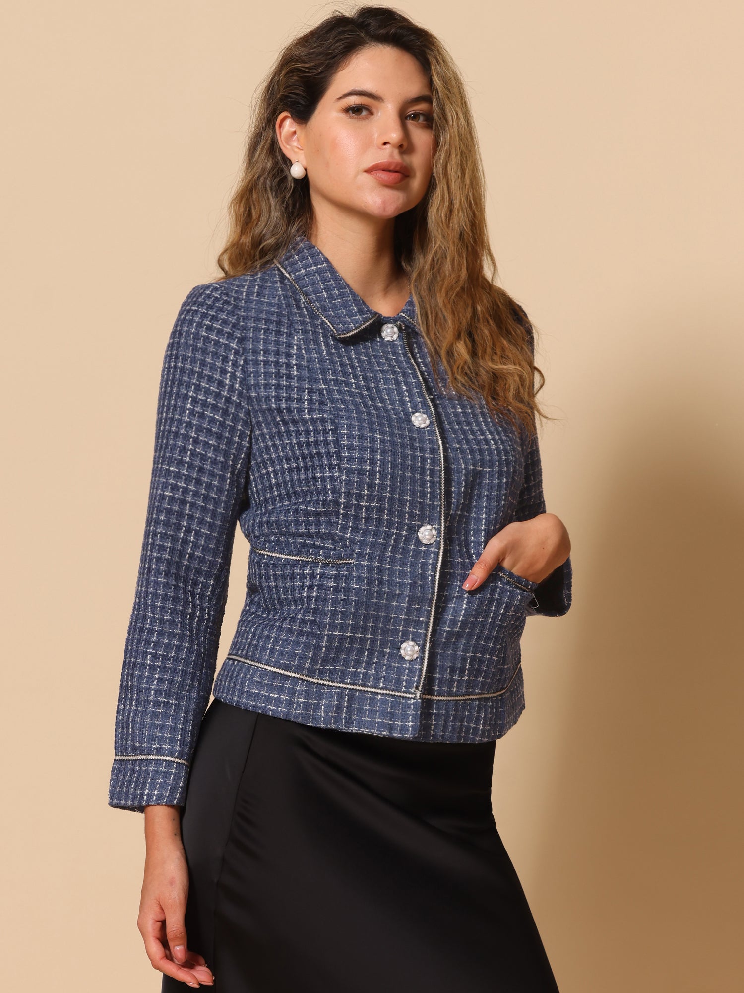 Collared Long Sleeve Contrast Trim Button Down Work Short Jacket