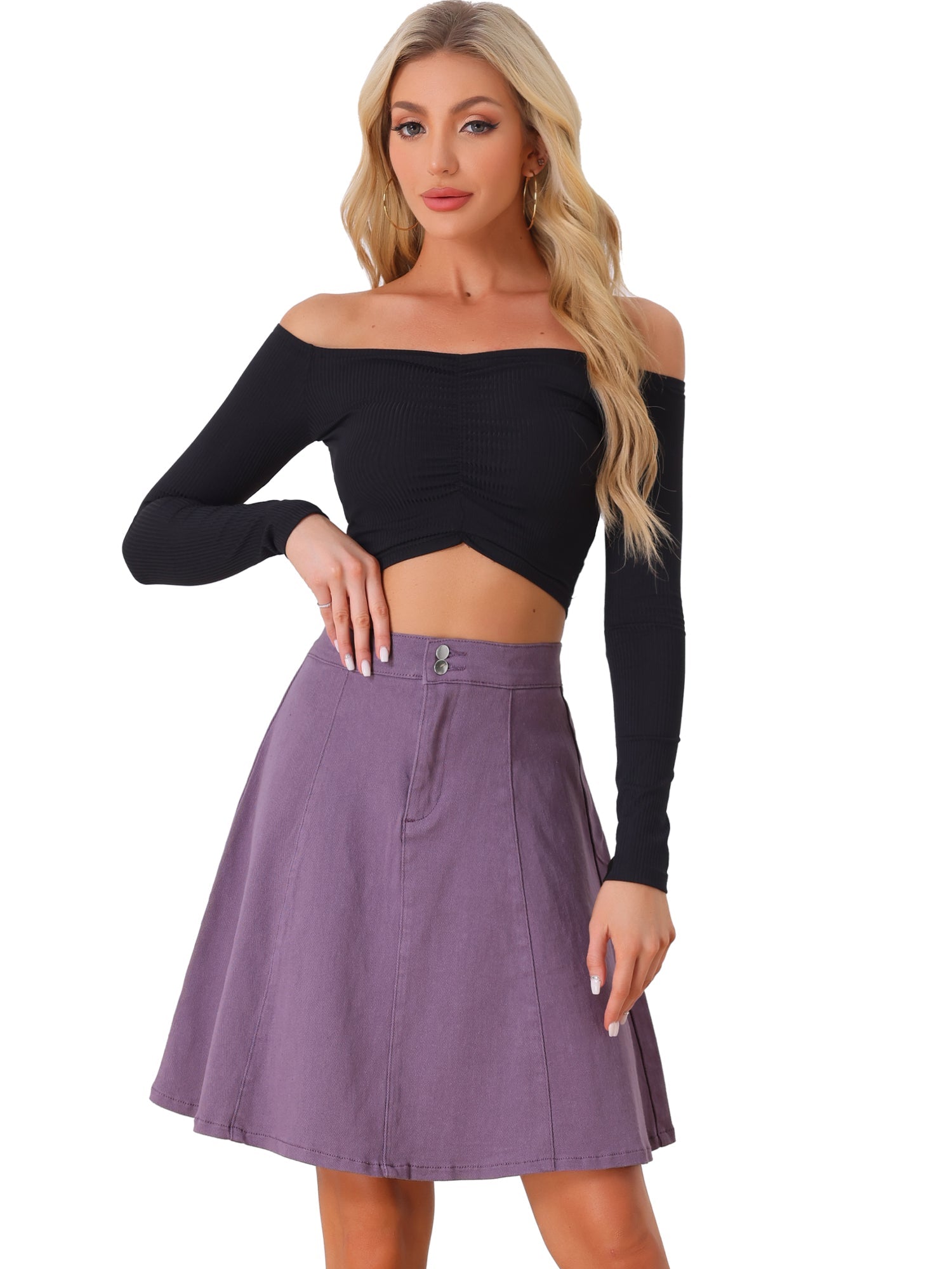 High Waisted A-Line Flared Casual Denim Midi Jean Skirt