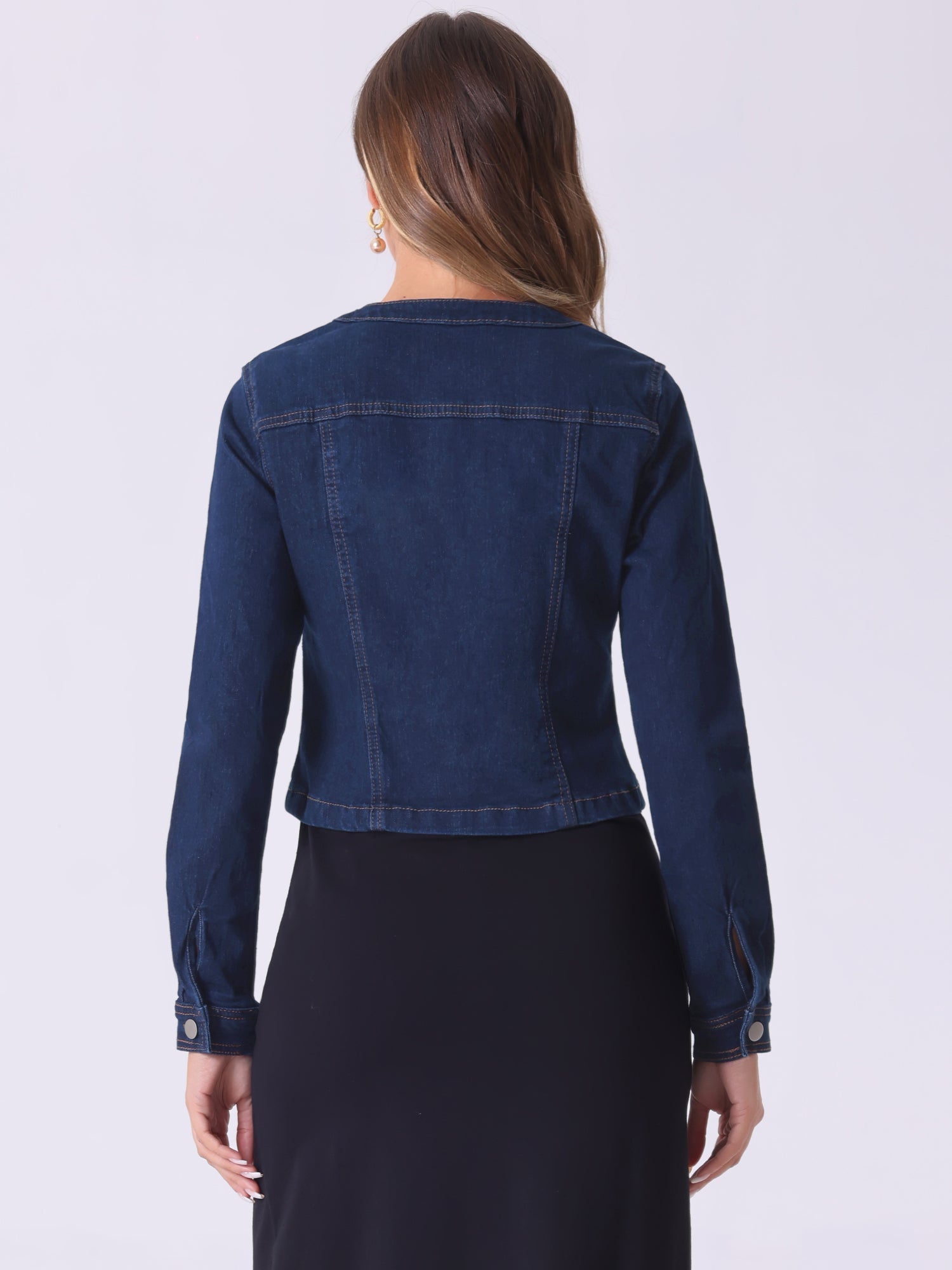 Denim Collarless Long Sleeve Button Down Crop Jean Jacket