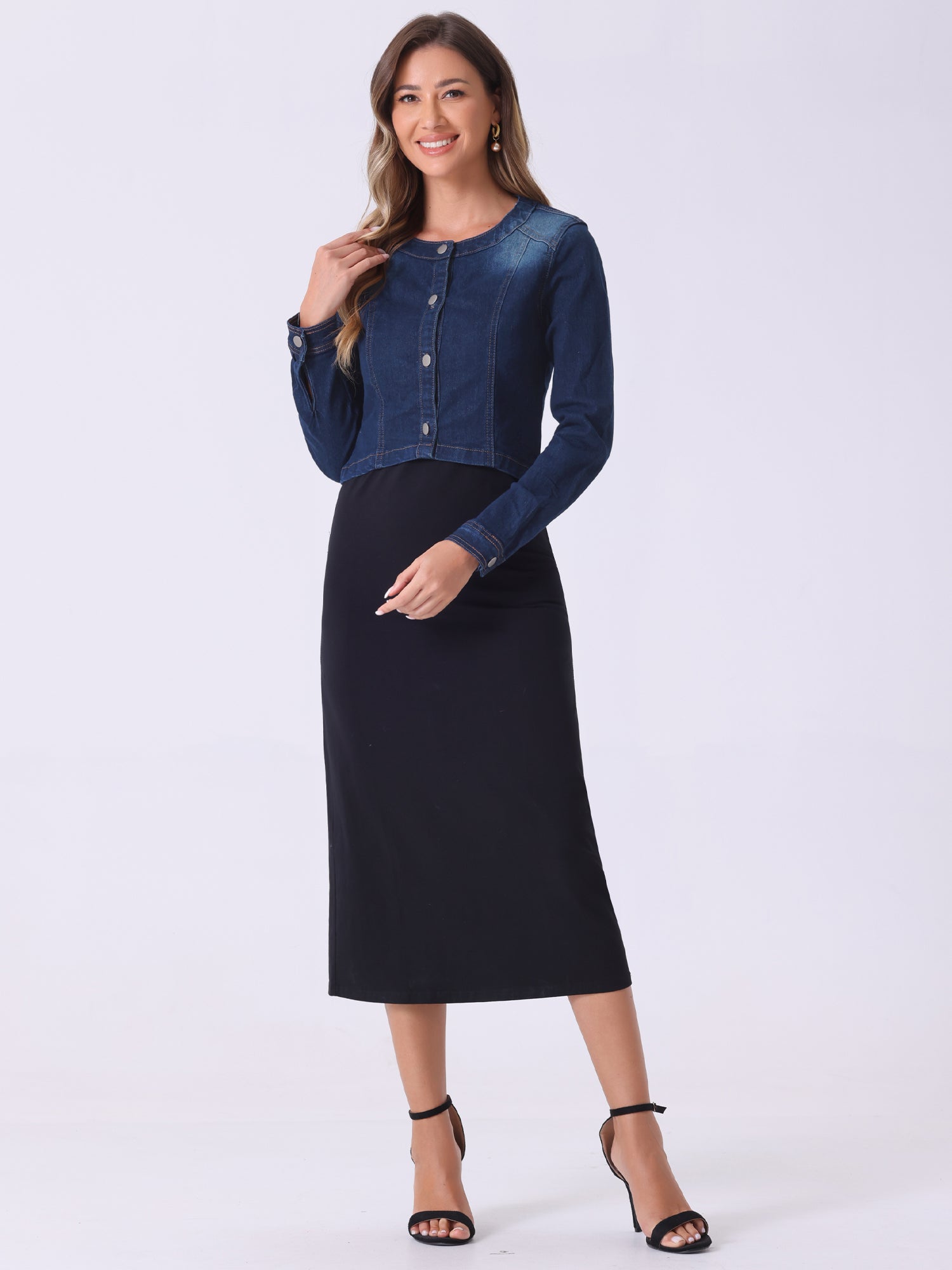 Denim Collarless Long Sleeve Button Down Crop Jean Jacket