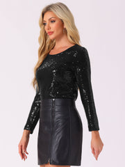 Sequin Glitter Round Neck Long Sleeve Party Blouse Tops