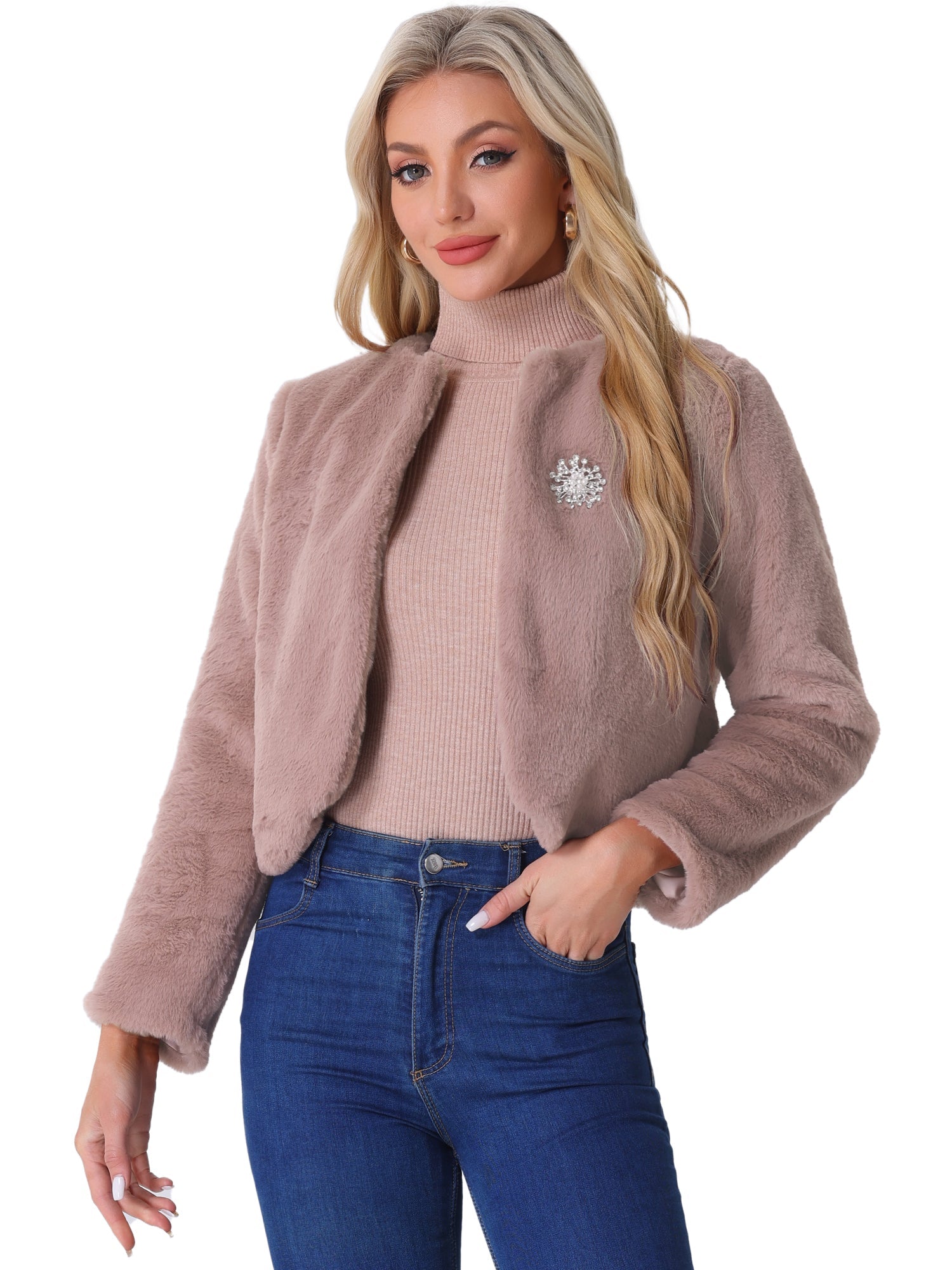 Winter Open Front Long Sleeve Faux Fur Bolero Shrugs Jacket