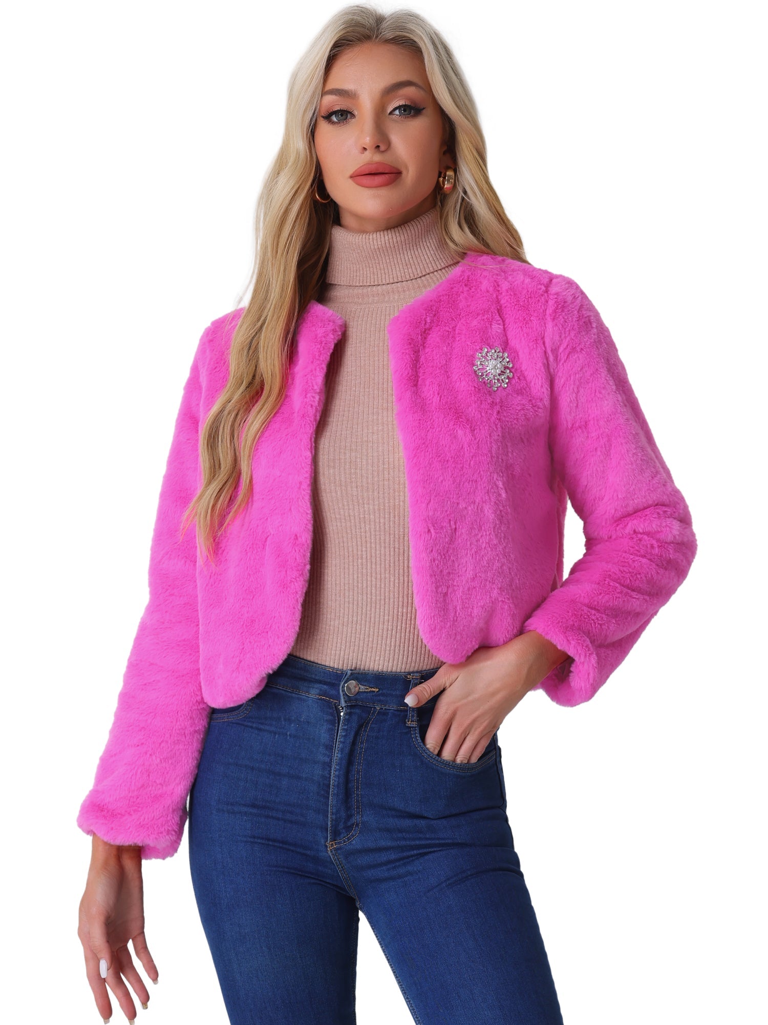 Winter Open Front Long Sleeve Faux Fur Bolero Shrugs Jacket