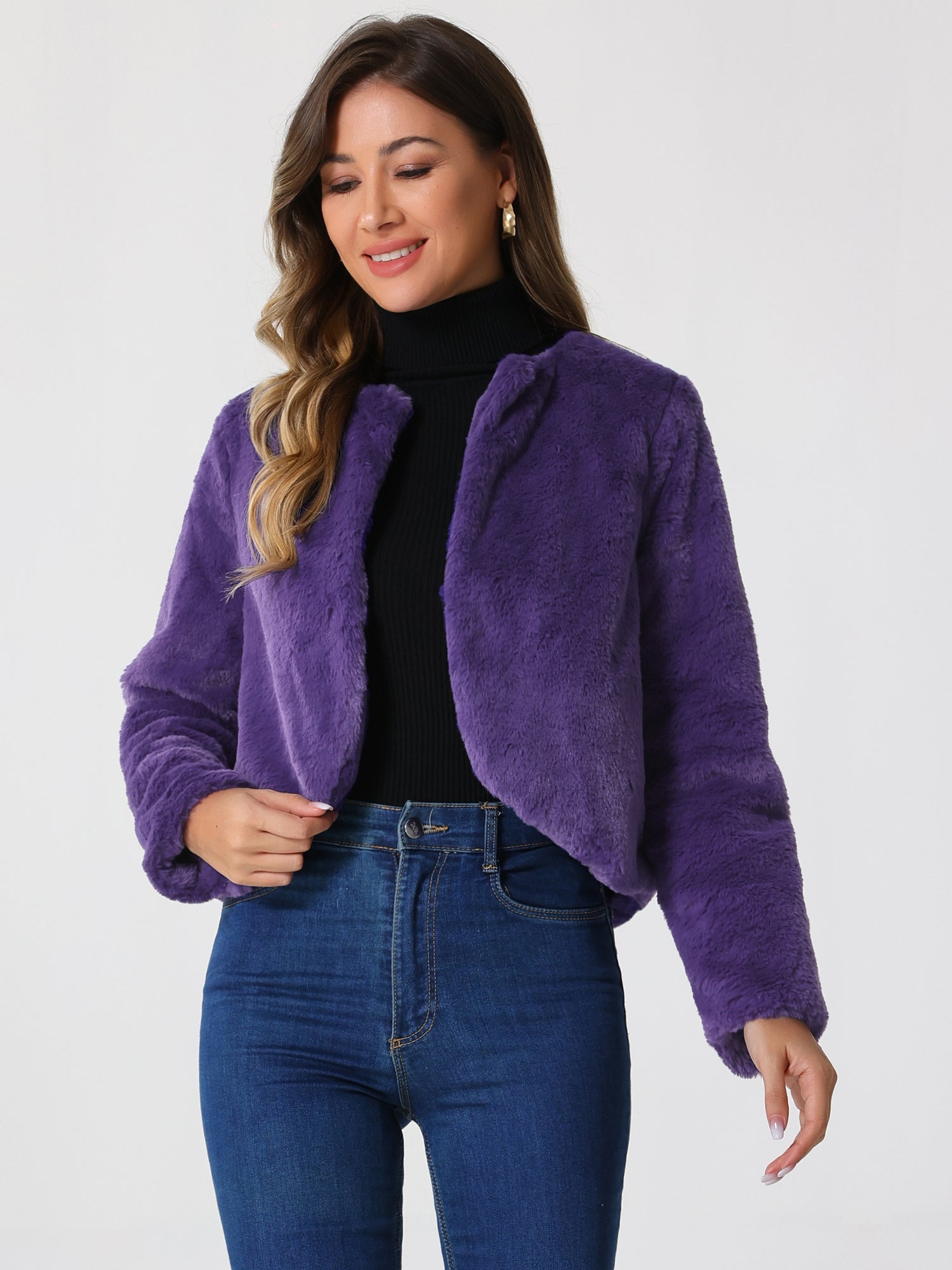 Winter Open Front Long Sleeve Faux Fur Bolero Shrugs Jacket